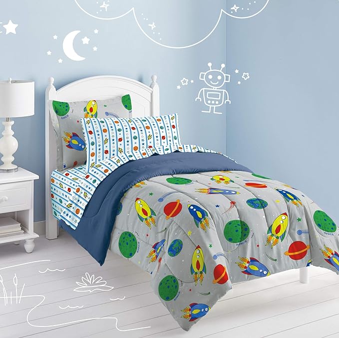 Dream Factory Space Rocket Ultra Soft Microfiber Comforter Set, Multi-Colored, Twin,2A745901MU - LeafyLoom