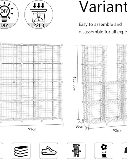 Wolizom Wire Cube Storage, Metal Grids Shelves Bookshelf, Stackable Modular Shelving Organizer, DIY Closet Bookcase Bookshelf, Grid Storage Shelf for Bedroom, Living Room, Office (White, 9 Cube) - LeafyLoom