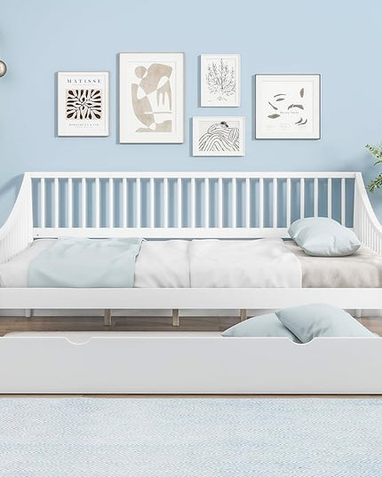 Full Size Daybed with Hideaway Trundle and Support Legs,Multi-functional Wood Bed Frame,W/Rails Three Sides,Easy to Assemble,for Bedroom,Living Room,Apartment,White - LeafyLoom