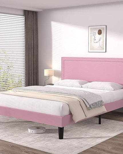 VECELO Queen Size Platform Bed Frame with Height Adjustable Upholstered Headboard, Modern Mattress Foundation,Strong Wood Slat Support, No Box Spring Needed, Easy Assembly - LeafyLoom