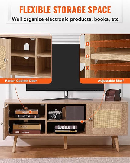 VEVOR Rattan TV Stand, Boho TV Cabinet for 55 inch TV, Mid Century Modern TV Stand, Rattan TV Console with Adjustable Shelfs for Living Room, Media Room, Oak - LeafyLoom