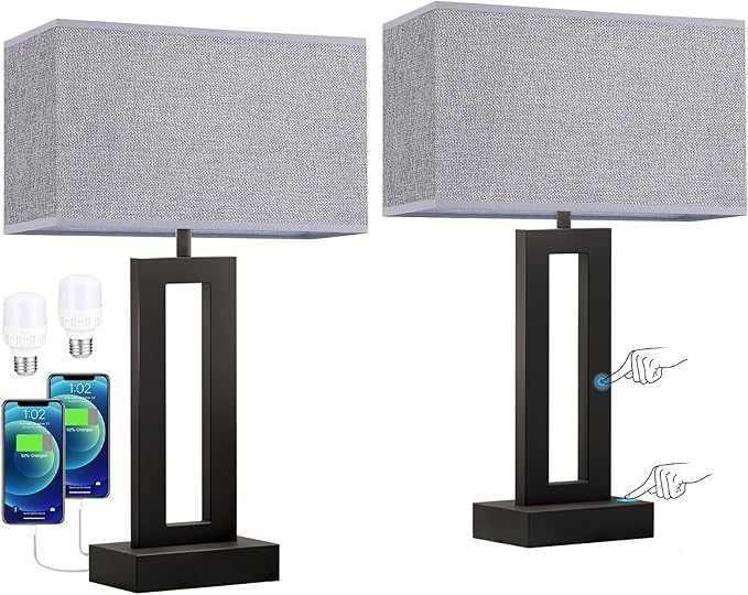 Nightstand Table Lamps for Bedrooms Set of 2 - Touch Bedside Lamp with USB C+A, 3 Way Dimmable Living Room Lamps for End Tables Set of 2, Modern Night Stand Lamps for Bed Side Guest Room(Grey) - LeafyLoom
