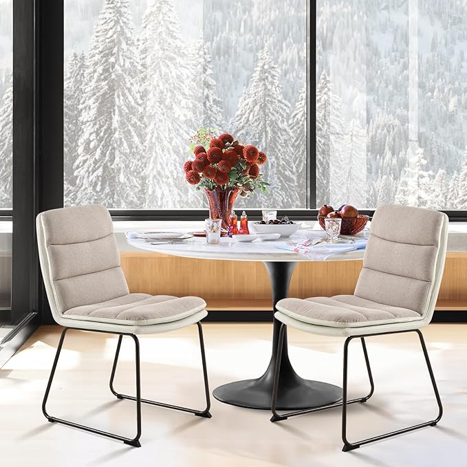 COLAMY Dining Chairs Set of 2, Modern Waffle Fabric Dining Chairs, Faux Leather Kitchen Chairs with Back for Dining Living Waiting Room, Light Brown - LeafyLoom