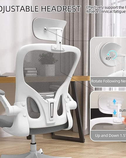 Office Chair, Ergonomic Office Chair, Home Office Desk Chairs with Lumbar Support, 3D Headrest and Flip Up Arms, Rockable Swivel Computer Chair Grey Mesh Chair for Home Office - LeafyLoom