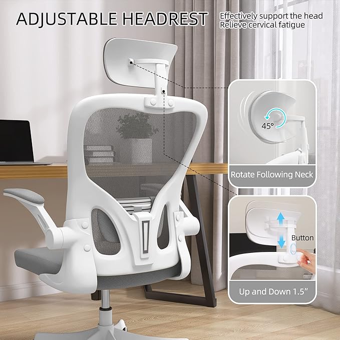 Office Chair, Ergonomic Office Chair, Home Office Desk Chairs with Lumbar Support, 3D Headrest and Flip Up Arms, Rockable Swivel Computer Chair Grey Mesh Chair for Home Office - LeafyLoom