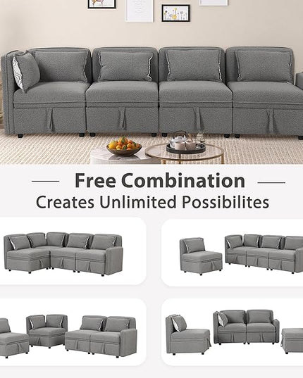 123" Modular Sectional Sofa, Convertible Minimalist 4-seat Couch with 5 Pillows for Living Room,Apartment, Free Combination, 122.8inch, Gray - LeafyLoom