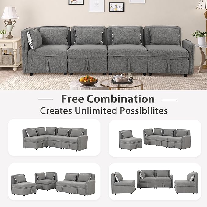 123" Modular Sectional Sofa, Convertible Minimalist 4-seat Couch with 5 Pillows for Living Room,Apartment, Free Combination, 122.8inch, Gray - LeafyLoom
