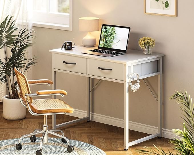ODK Small Desk with Fabric Drawers- for Bedroom, White Vanity Desk with Storage, Home Office Computer Desk for Small Spaces, 32 Inch Modern Work Writing Study Table, White - LeafyLoom
