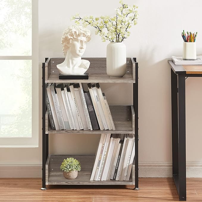 VECELO Bookshelf,Small Bookcase,3-Tier Storage Organizer,Industrial Shelving Unit for Living Room,Classroom,Office,Dormitory,Set of 2,Brown - LeafyLoom