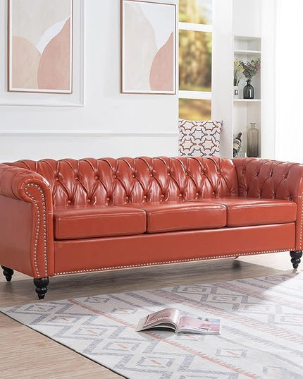 3-Seaters Living Room Clasic Chesterfield Sofa Couch Button Tufted PU Leather Upholstered Sofa&Couch with Luxury Roller Armrest Soild Wood Legs Movable Cushions & Nailhead Decor - LeafyLoom