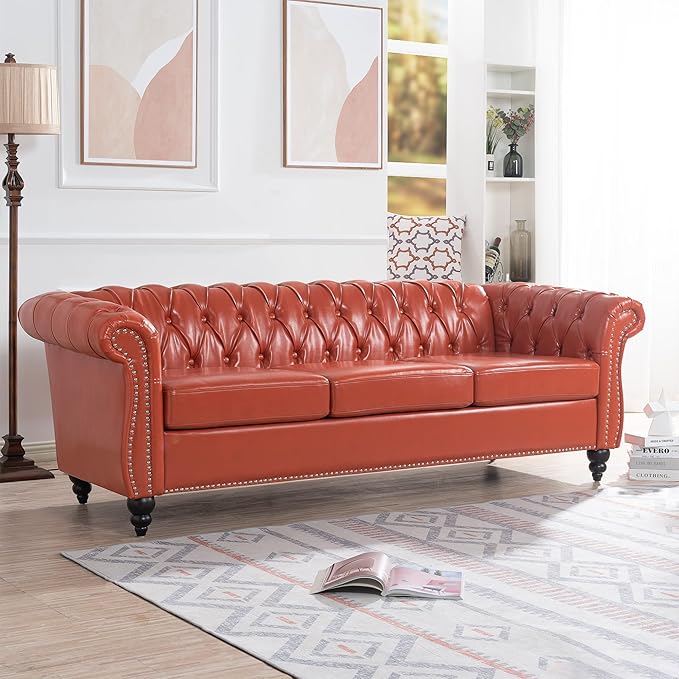 3-Seaters Living Room Clasic Chesterfield Sofa Couch Button Tufted PU Leather Upholstered Sofa&Couch with Luxury Roller Armrest Soild Wood Legs Movable Cushions & Nailhead Decor - LeafyLoom