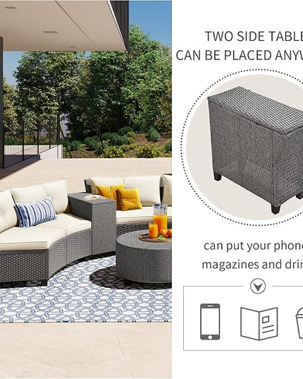 9 Pieces Outdoor Furniture Half Moon Wicker Patio Sets with Coffee Table, All-Weather Fan-Shaped Curved Sectional Sofa Couch with Beige Cushions, Onesize, Gray Rattan - LeafyLoom