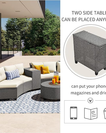 Outdoor 9 Pieces Patio Furniture Half Moon Wicker Sofa Sets, Fan-Shaped Curved Sectional Couch with Coffee Table&Beige Cushions, 1, Gray Rattan - LeafyLoom