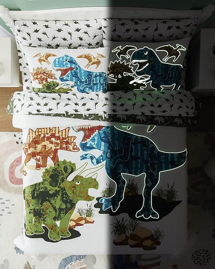 KALEIDOSPACE Gilrs Boys Bedding Sets Twin, 5 Piece Glow in The Dark Dinosaur Bed in A Bag-1 Comforter,1 Pillow Sham, 1 Pillowcase, 1 Flat Sheet, 1 Fitted Sheet - LeafyLoom