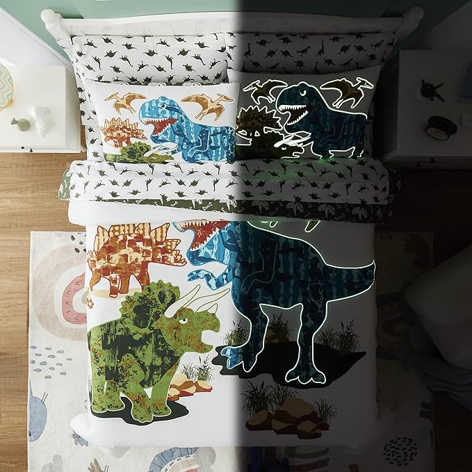 KALEIDOSPACE Gilrs Boys Bedding Sets Twin, 5 Piece Glow in The Dark Dinosaur Bed in A Bag-1 Comforter,1 Pillow Sham, 1 Pillowcase, 1 Flat Sheet, 1 Fitted Sheet - LeafyLoom