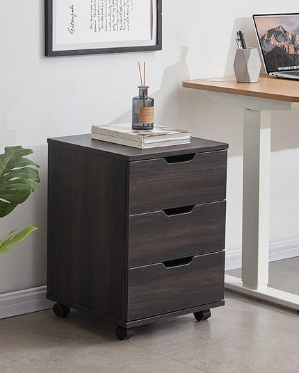 Farini 3-Drawer Vertical Filing Cabinet Rolling Wood Mobile File Cabinets Under Desk for Home Office with Casters (Dark Walnut, Non-Assembled) - LeafyLoom
