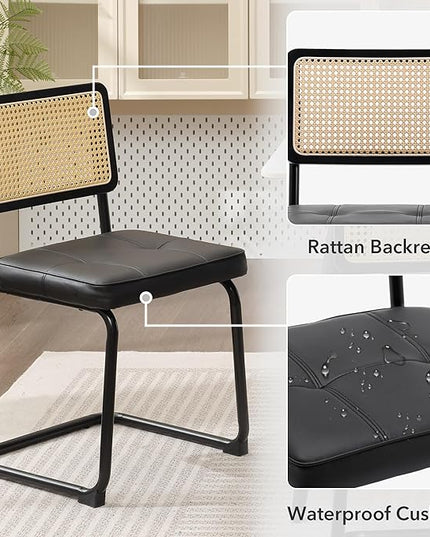 Rattan Dining Chairs Set of 2, Mid Century Modern PU Leather Dining Room Kitchen Chairs with Cane Back, Metal Chrome Legs, Upholstered Wicker Armless Accent Chairs, Black - LeafyLoom