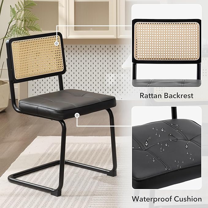Rattan Dining Chairs Set of 2, Mid Century Modern PU Leather Dining Room Kitchen Chairs with Cane Back, Metal Chrome Legs, Upholstered Wicker Armless Accent Chairs, Black - LeafyLoom