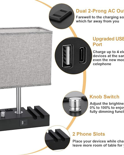 Kakanuo Fully Dimmable Nightstand Lamp for Bedroom with USB C Ports, Grey Small Bedside Table Lamp with Charging Outlets and Phone Stands, Wooden Desk Lamp for Living Room, LED Bulb Included - LeafyLoom