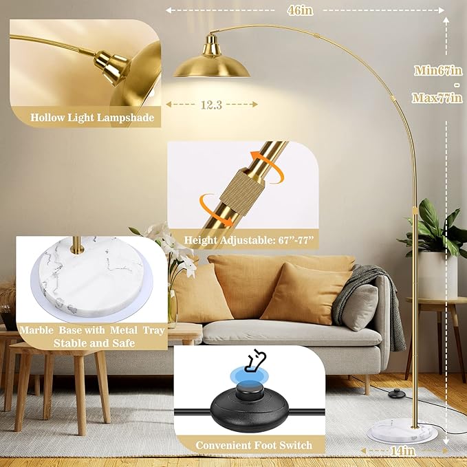Gold Brass Arc Floor Lamp for Living Room - Mid Century Modern Standing Lamp, Overhanging Floor Lamps, Arch Stand Up Lamp & Floor Light with White Marble Base, Ideal for Bedroom Study Room - LeafyLoom