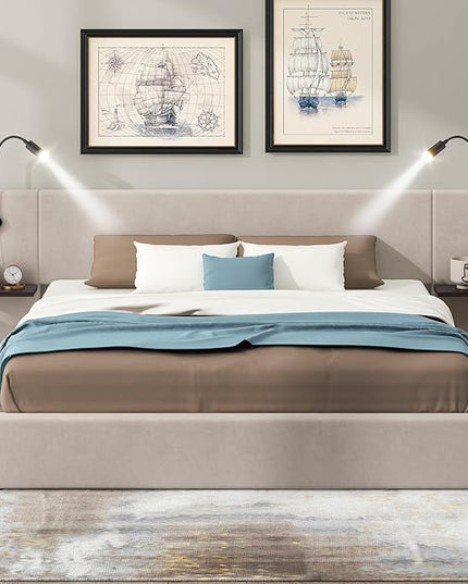 Queen Size Storage Upholstered Hydraulic Platform Shelves, Modern Velvet Fabric Bed Frame W/ 2 Lights and USB Port,No Box Spring Required,for Bedroom, Apartment,Beige - LeafyLoom