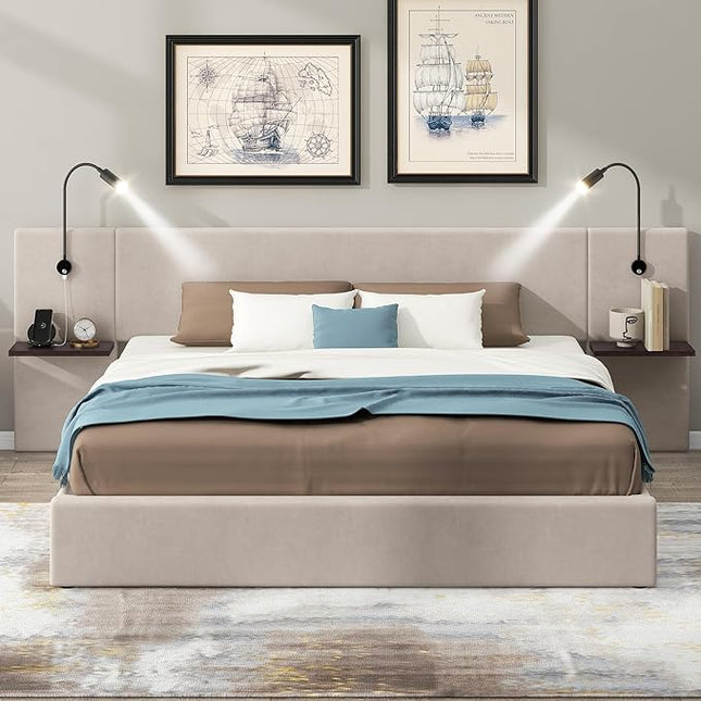 Queen Size Storage Upholstered Hydraulic Platform Shelves, Modern Velvet Fabric Bed Frame W/ 2 Lights and USB Port,No Box Spring Required,for Bedroom, Apartment,Beige - LeafyLoom