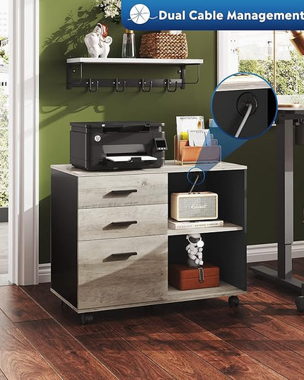 DEVAISE 3-Drawer Wood File Cabinet, Mobile Lateral Filing Cabinet, Printer Stand with Open Storage Shelves for Home Office, Greige - LeafyLoom