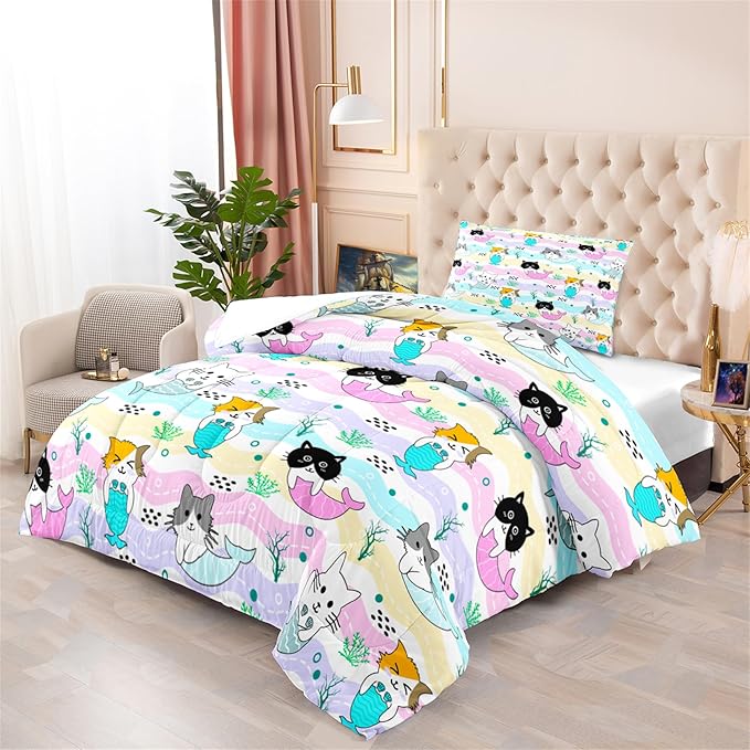 Cat Twin Bedding Set 2Pcs - Cartoon Mermaid Tail Cat Twin Comforter Set for Girls Bedroom Ultra Soft Warm Kitty Comforter Set for Girls Room Decor with 1 Cat Comforter and 1 Pillowcase, Twin Size - LeafyLoom