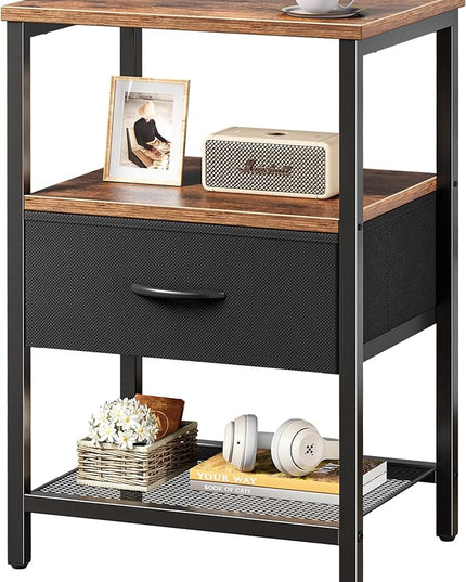 Night Stand with Fabric Drawer, Side Table with Mesh Shelf, Bedroom Nightstand, Fabric Drawer Dresser, Open Shelf, Metal Frame, Couch Side, Rustic Brown and Black - LeafyLoom