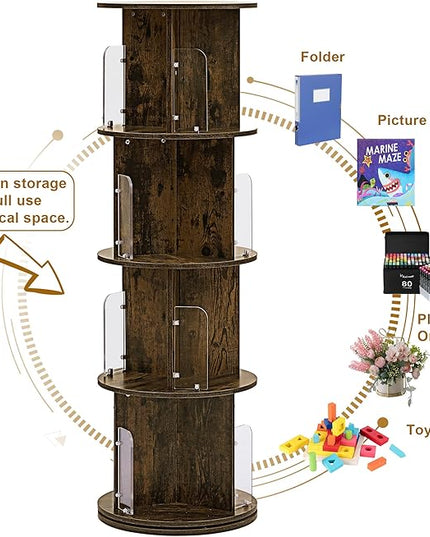 VECELO 4 Tier Revolving Bookshelf Tower, 360° Display Floor Standing Storage Rack with Acrylic Visible Window Partition for Bedroom, Living Room Home and Office, Brown - LeafyLoom