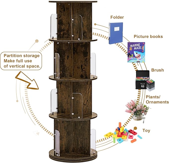 VECELO 4 Tier Revolving Bookshelf Tower, 360° Display Floor Standing Storage Rack with Acrylic Visible Window Partition for Bedroom, Living Room Home and Office, Brown - LeafyLoom