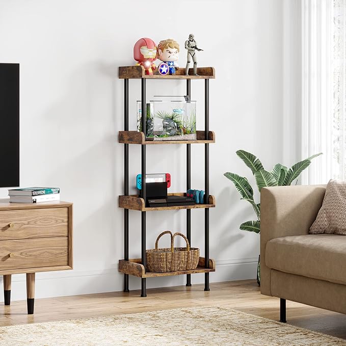 Bookcase 4 Tier Bookshelf, Vintage Small Bookshelf for Small Spaces, Wooden Book Shelf Small Bookcase for Living Room Bedroom - LeafyLoom