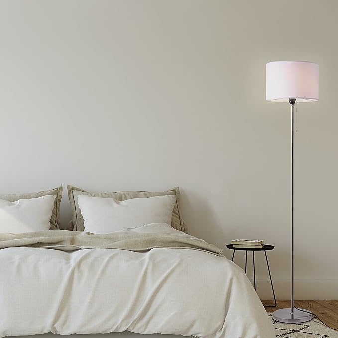 O’Bright Ted - Drum Shade Standing Lamp, Pull Chain Switch, E26 Socket, Modern Minimalist Design, Simple Floor Lamp for Living Room, Bedroom, Office, Brushed Nickel - LeafyLoom