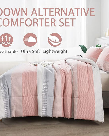 Andency Stripe Comforter Set Queen Size (90x90 Inch), 3 Pieces Pink Patchwork Striped Comforter, Soft Microfiber Down Alternative Comforter Bedding Set with Corner Loops - LeafyLoom