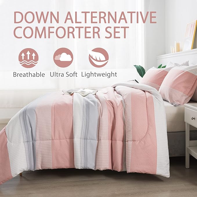 Andency Stripe Comforter Set King Size (104x90 Inch), 3 Pieces Pink Patchwork Striped Comforter, Soft Microfiber Down Alternative Comforter Bedding Set with Corner Loops - LeafyLoom