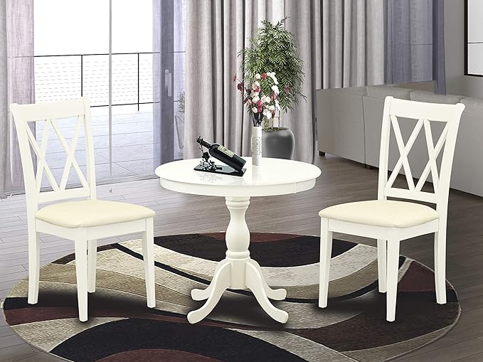 East West Furniture Antique 3 Piece Kitchen Set Contains a Round Table with Pedestal and 2 Linen Fabric Dining Room Chairs, 36x36 Inch, AMCL3-LWH-C - LeafyLoom