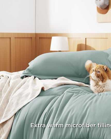 Bedsure Sage Green Twin XL Comforter Set - 5 Pieces Solid Twin XL Bed in a Bag for College, Twin XL Bed Set Sage Green with Comforters, Sheets, Pillowcase & Sham, Extra Long Twin Comforter Set - LeafyLoom