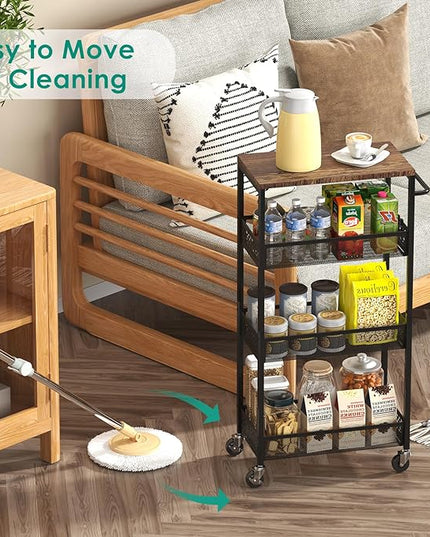 Slim Storage Cart 4 Tier Fruit and Vegetable Baskets for Kitchen Small Space, Narrow Rolling Cart on Wheels with Wooden Top and Metal Handle for Pantry, Bathroom, Laundry Room - LeafyLoom