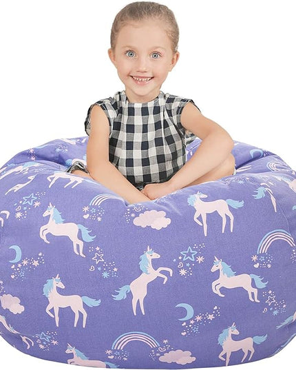 Aubliss Stuffed Animal Storage Bean Bag, Unicorn Bean bag Chair, Stuff 'n Sit for Kids, Medium 32"-Canvas Unicorn Blue - LeafyLoom