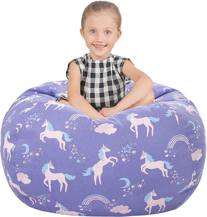 Aubliss Stuffed Animal Storage Bean Bag, Unicorn Bean bag Chair, Stuff 'n Sit for Kids, Medium 32"-Canvas Unicorn Blue - LeafyLoom
