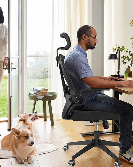 Office Chair 350LBS Capacity,Ergonomic Comfy Home Desk Chair,High Back Gaming Chair with Wheels,Mesh Computer Chair,Lumbar Support,Adjustable Headrest,Flip-up Armrest - LeafyLoom