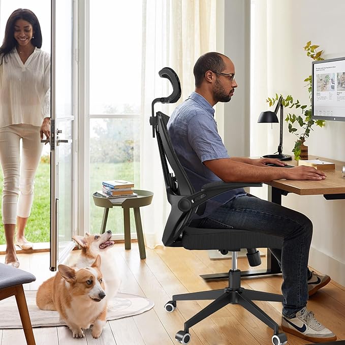 Office Chair 350LBS Capacity,Ergonomic Comfy Home Desk Chair,High Back Gaming Chair with Wheels,Mesh Computer Chair,Lumbar Support,Adjustable Headrest,Flip-up Armrest - LeafyLoom