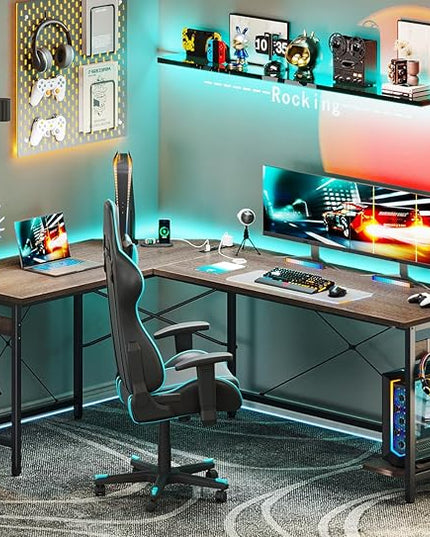 Coleshome 66" L Shaped Gaming Desk with Outlet, L Shaped Desk with CPU Stand, Corner Computer Desk, Home Office Desk, Writing Desk, Grey Oak - LeafyLoom