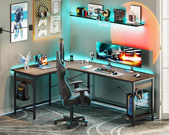 Coleshome 66" L Shaped Gaming Desk with Outlet, L Shaped Desk with CPU Stand, Corner Computer Desk, Home Office Desk, Writing Desk, Grey Oak - LeafyLoom