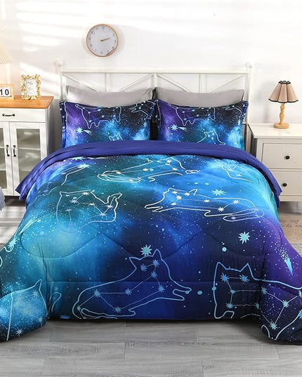 Wowelife 5 Piece Galaxy Space Cat Bedding Comforter Set Queen Constellation Bedding Set Blue Kids Bedding Set Bed in a Bag for Boys and Girls with Comforter, Flat Sheet, Fitted Sheet and 2 Pillowcases - LeafyLoom
