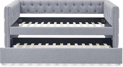 Upholstered Twin Size Daybed with Trundle,Solid Wooden Sofa Bed Frame W/Button Tufted & Copper Nail on Square Arms,No Spring Box Need,Bedframe for Living Room Bedroom Dorm,Grey Linen - LeafyLoom