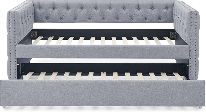 Upholstered Twin Size Daybed with Trundle,Solid Wooden Sofa Bed Frame W/Button Tufted & Copper Nail on Square Arms,No Spring Box Need,Bedframe for Living Room Bedroom Dorm,Grey Linen - LeafyLoom
