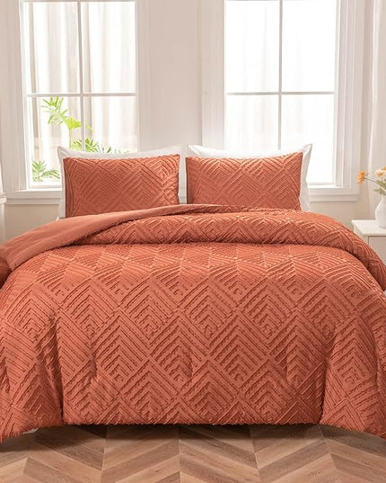 Queen Comforter Set, Tufted Terracotta Comforter Set Queen, Boho Bedding Comforter Sets Extra Fluffy, Ideal for All Seasons 3 Pieces (1 Comforter, 2 Pillowcases) - LeafyLoom