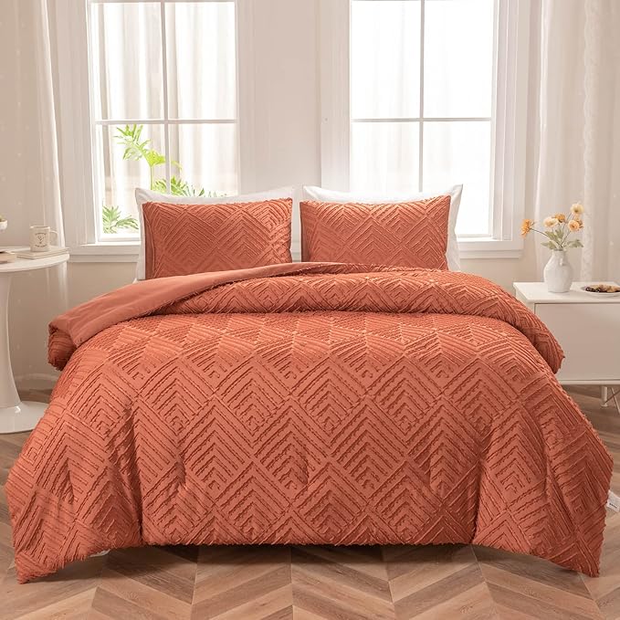 Queen Comforter Set, Tufted Terracotta Comforter Set Queen, Boho Bedding Comforter Sets Extra Fluffy, Ideal for All Seasons 3 Pieces (1 Comforter, 2 Pillowcases) - LeafyLoom