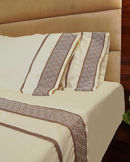 1000 Thread Count Egyptian Cotton Sheets King Size Set - 100% Cotton 4 Pc Bed Sheets, Luxury Hotel Cool Sheets, Breathable Soft Smooth Sateen Weave, 18" Deep Pocket - Taupe Embroidered Ivory Sheets - LeafyLoom